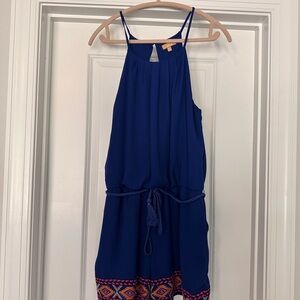 Takara Royal Blue Sleeveless Halter Romper with Embroidered Hem Accent